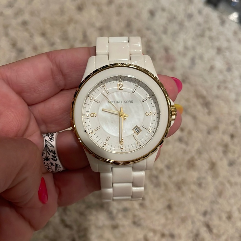 Michael kora white ceramic opal face watch